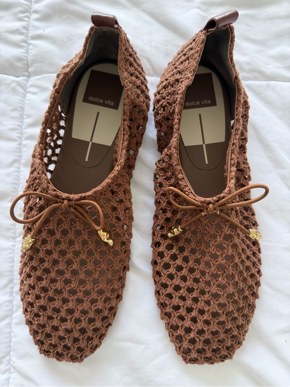 Dolce Vita Crochet Ballet Flats in Brown with Gold Bead Accents - Picture 2 of 4